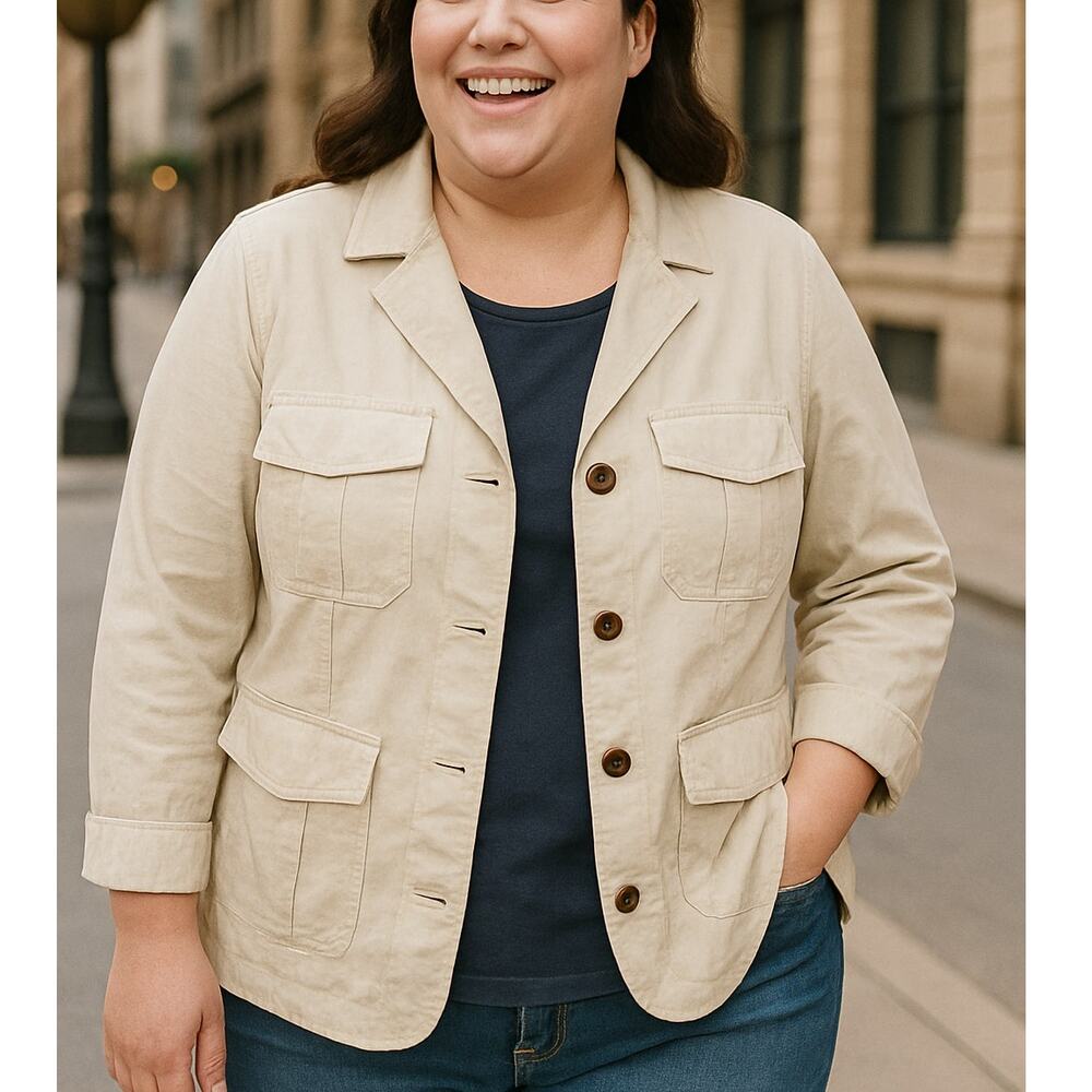 2/$30 North Crest Plus 1X Women's Beige Cotton Collar Button Front Jacket - Picture 1 of 9